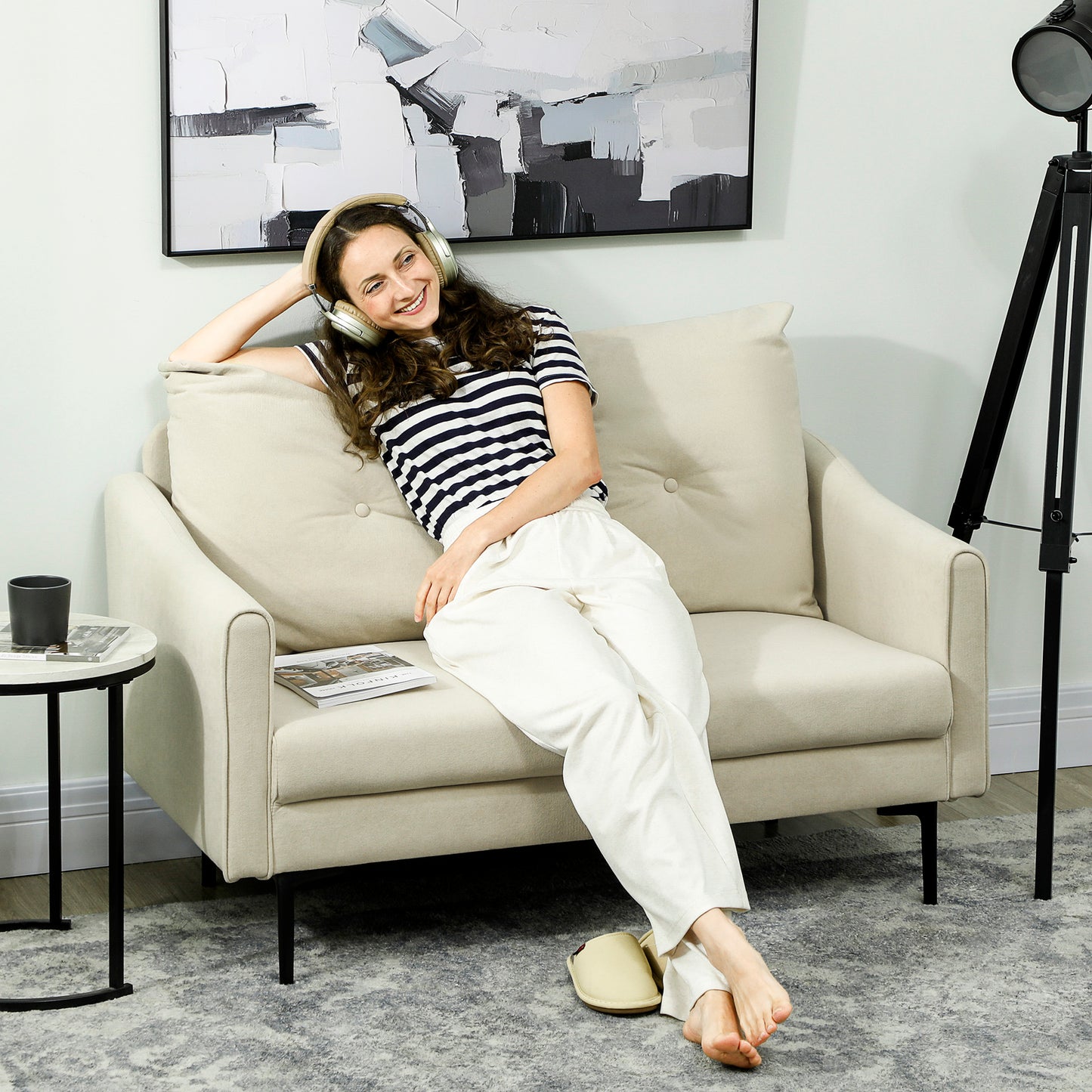 2 Seater Sofa, Small Modern Couch with High-Resilience Foam, Thicken Padding, Button Tufted, Cream White