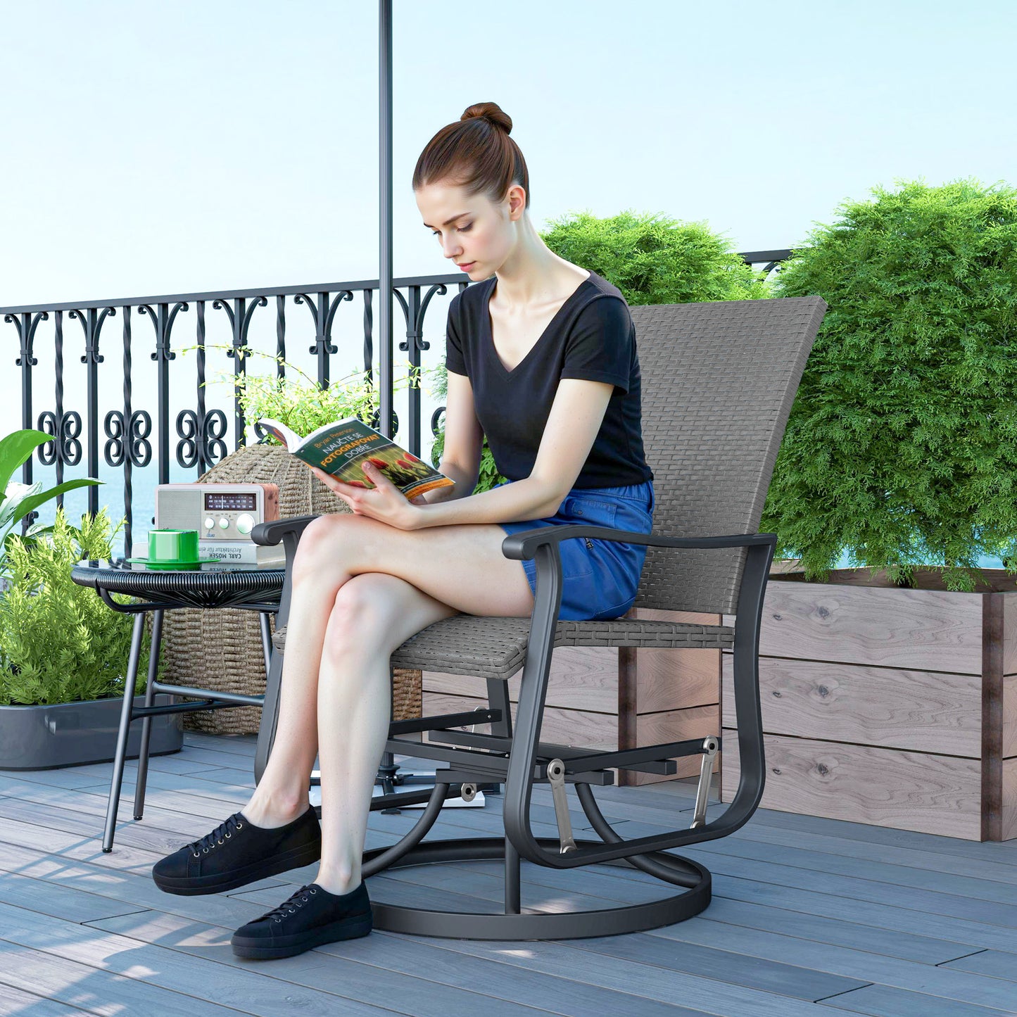 Rattan Patio Glider, Wicker Outdoor Glider Swivel Chair with Steel Frame, High Back for Backyard Porch, Grey