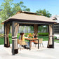 11' x 13' Patio Gazebo, Double Roof Outdoor Gazebo Canopy with Netting & Curtains, Galvanized Metal Frame, Khaki
