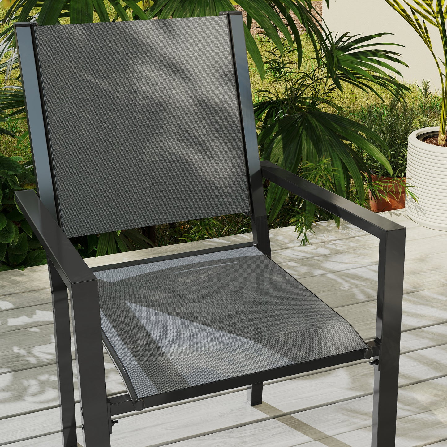7 Piece Outdoor Dining Set with 6 Stackable Chairs, Rectangle Table, WPC Slatted Top, Rust-Resistant Steel Frame