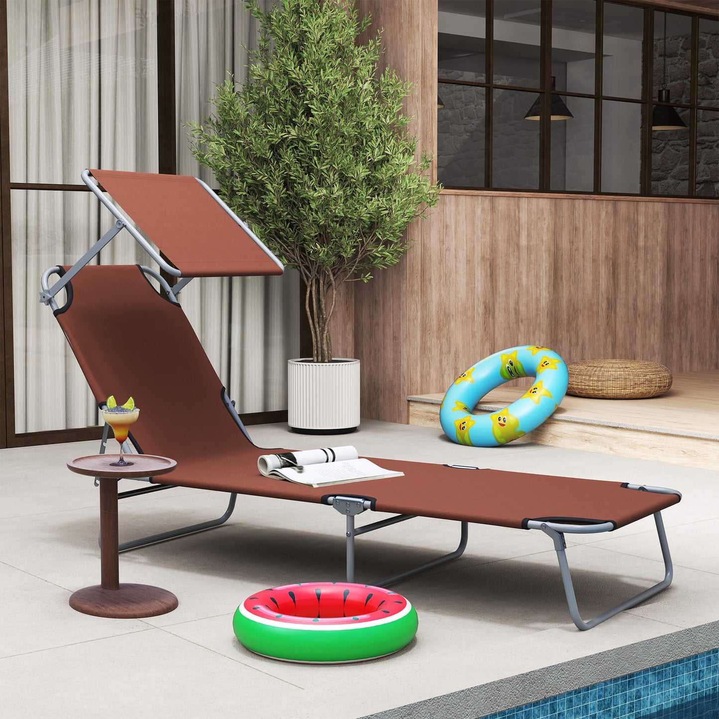 Outdoor Lounge Chair, Adjustable Folding Chaise Lounge, Tanning Chair with Sun Shade for Beach, Camping, Hiking, Backyard, Light Grey