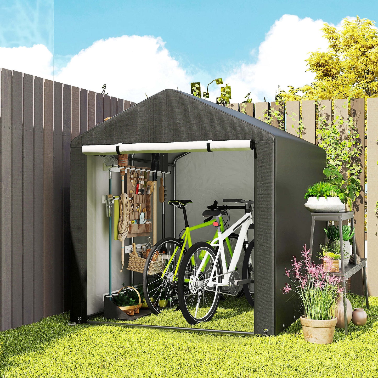 Portable Bicycle Shed with Galvanised Steel Frame and Large Door, Waterproof Outdoor Shed for Garden Tools, Black