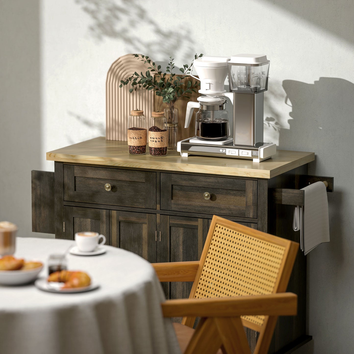 Kitchen Island with Storage, Rolling Trolley Cart with Rubber Wood Top, Spice Rack, Towel Rack, Brown Oak