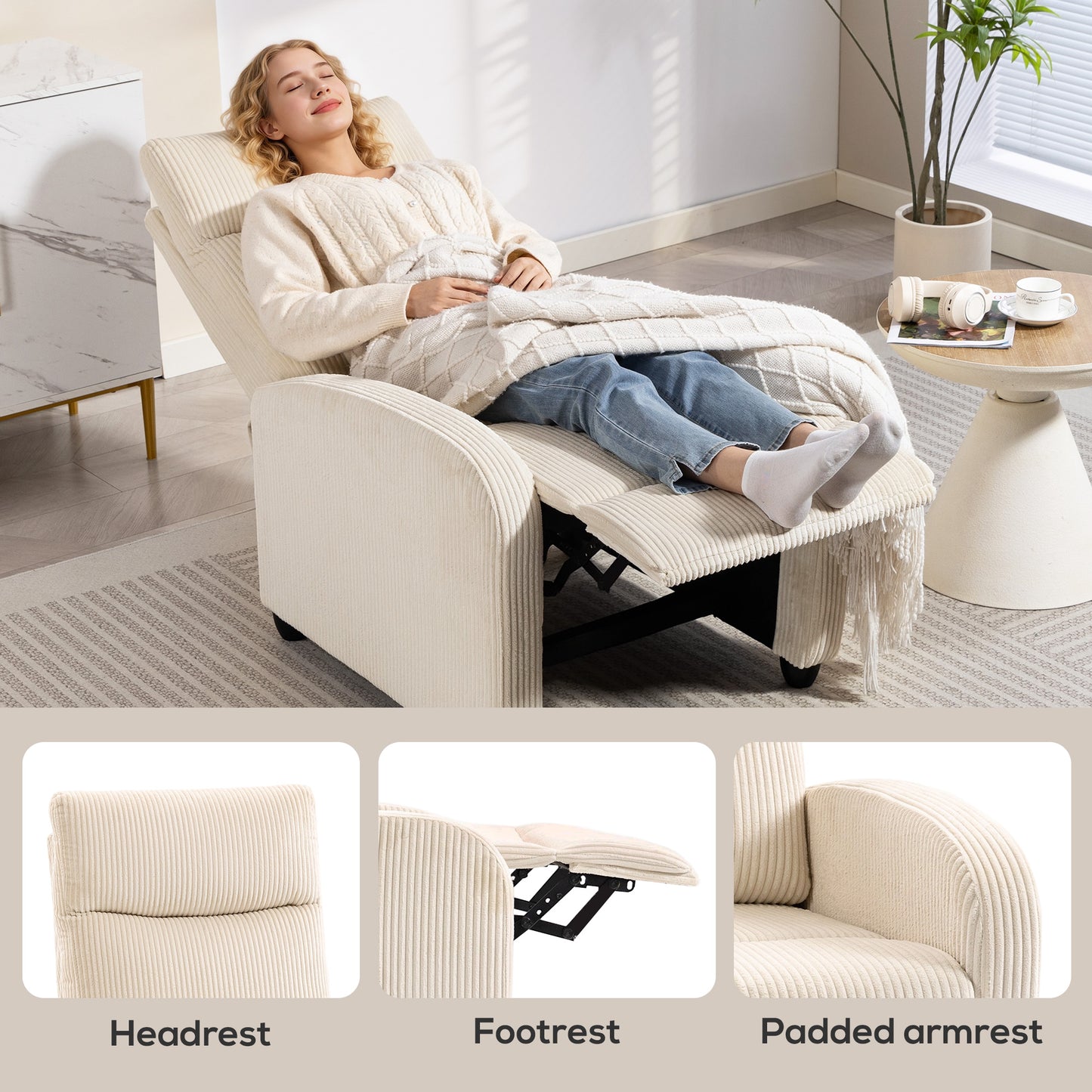 Fabric Recliner Chair Manual Home Theater Seating Single Reclining Sofa Chair with Padded Seat for Living Room, Beige