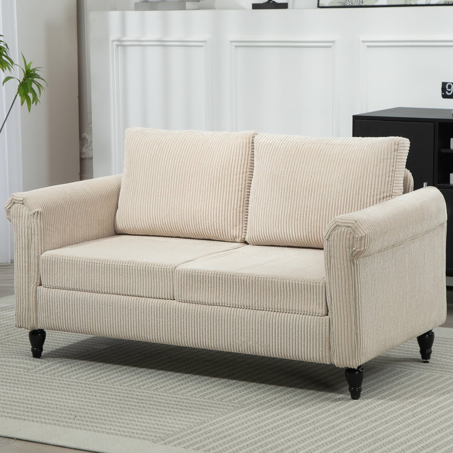 Vintage Loveseat, Upholstered Love Seat Furniture, Fabric 2 Seater Sofa with Rolled Arms, Rubber Wood Legs, Beige