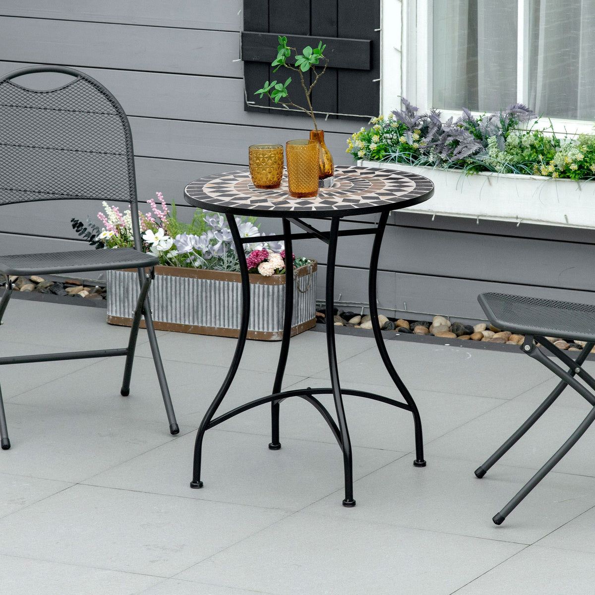 Mosaic Patio Table, Round Coffee Table with Metal Frame, Garden Furniture for Outdoor, Poolside, Black