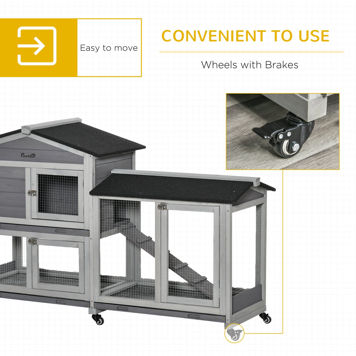62" Wooden Rabbit Hutch with Wheels, Run Box, Tray, Ramp for Small Animals, Guinea Pig, Indoor Outdoor Use, Light Grey
