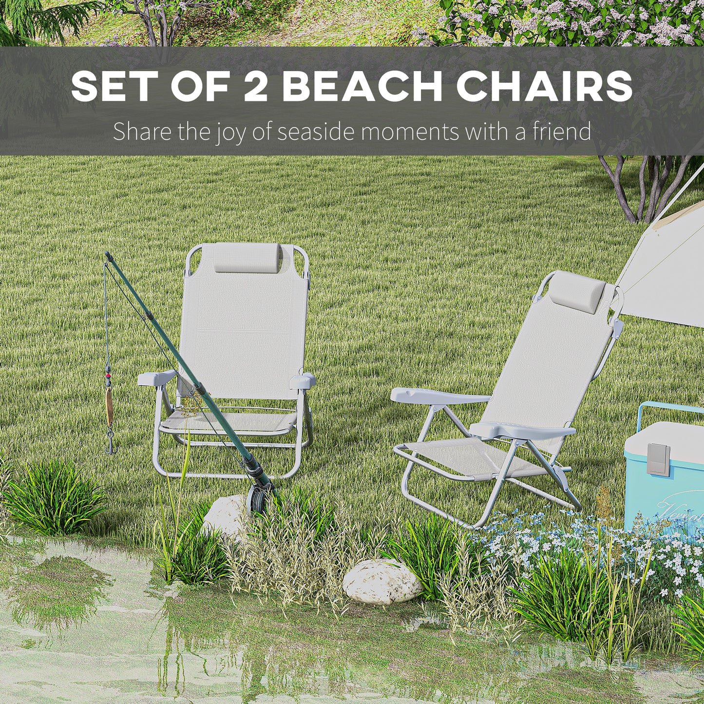 Set of 2 Camping Chairs, Beach Chairs with Adjustable Backrest and Headrest, Folding Chair for Outdoor, Light Grey