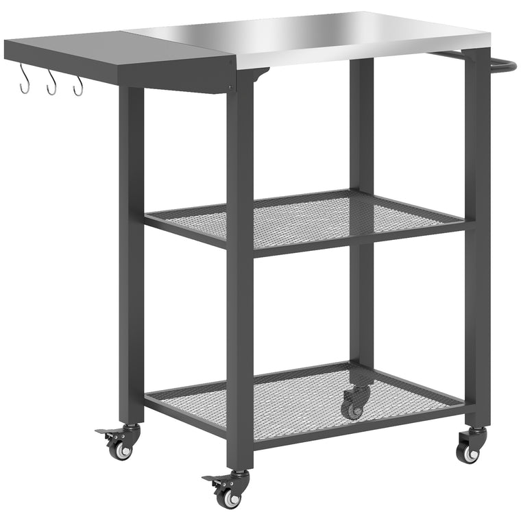 3-Tier Grill Cart with Foldable Side Table & Stainless Steel Top