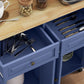 Kitchen Island with Storage, Rolling Trolley Cart with Rubber Wood Top, Spice Rack, Towel Rack, Navy Blue