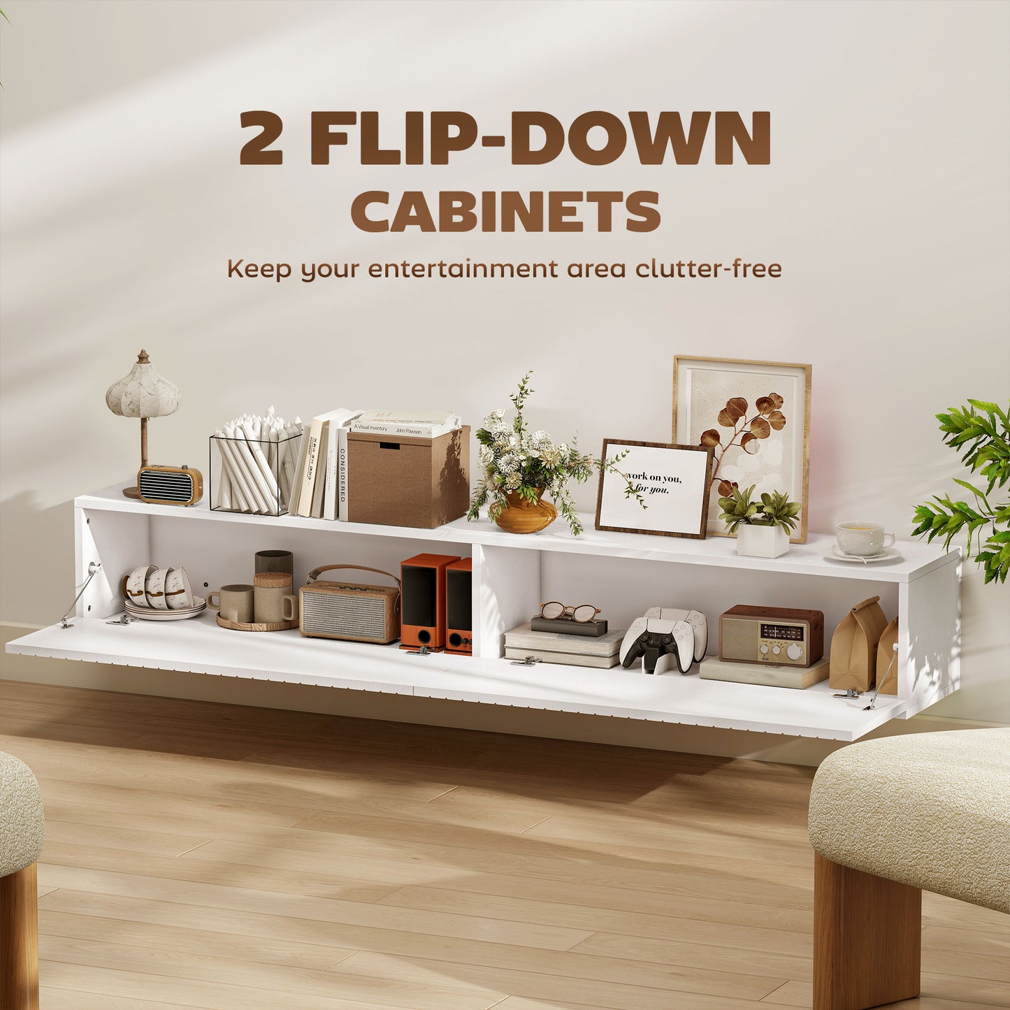55" Floating TV Stand for TVs up to 72 Inch, Wall Mount Media Console with 2 Fluted Flip-Down Doors, Cable Hole, White