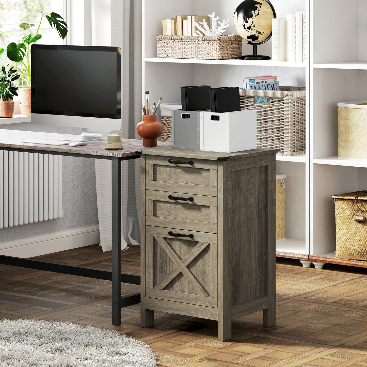 Vertical Filing Cabinet with 3 Drawers, Rustic Farmhouse Office Storage Cabinet for A4, Letter Size, Grey Wash