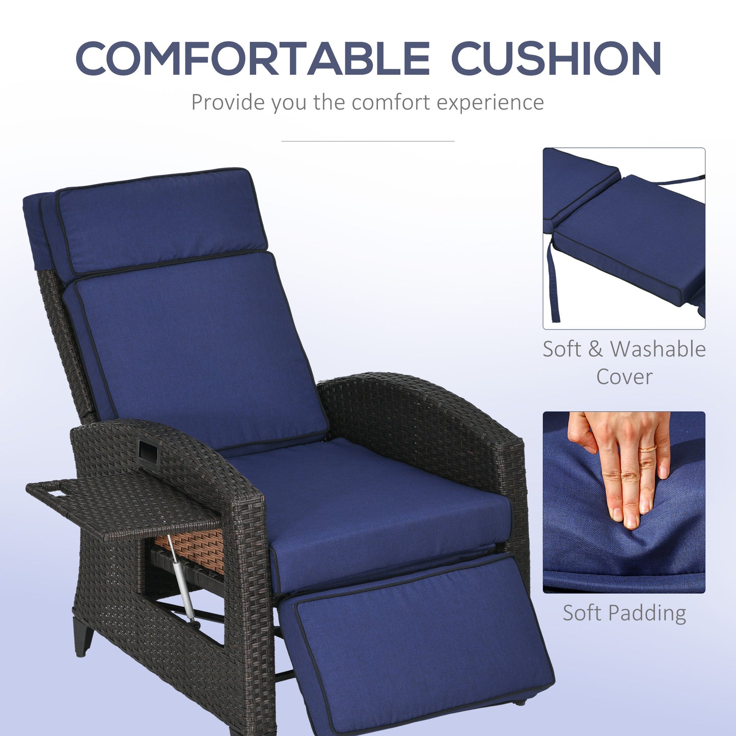 Outdoor Recliner Chair with Adjustable Backrest, Cushion, Side Tray, Black