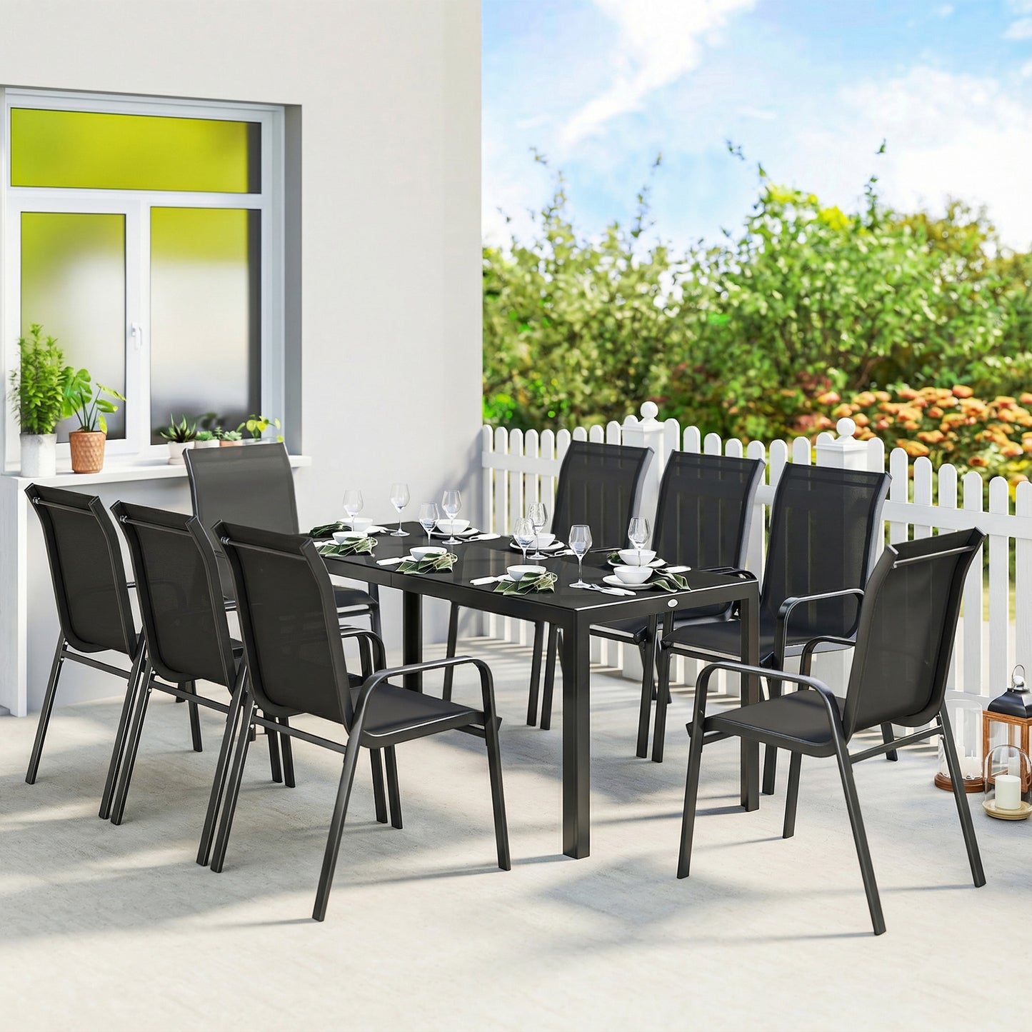 9 Pieces Patio Set with Stackable Chairs, Patio Dining Set with Glass Top for Garden, Patio, Backyard, Light Grey - Black