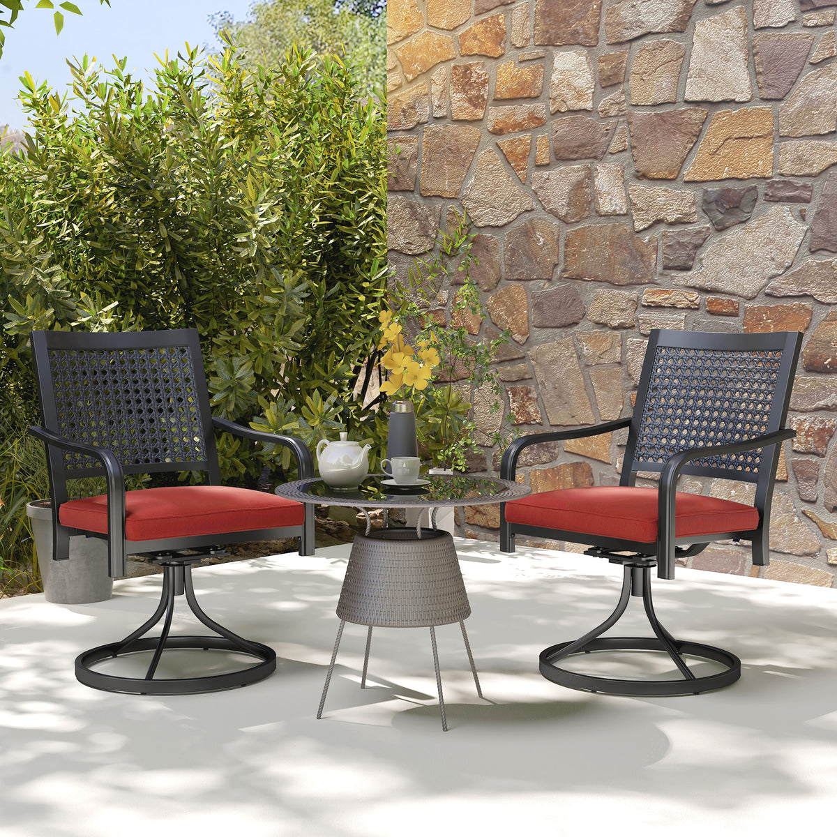 Patio Swivel Chairs with Cushion, Outdoor Swivel Rocker with Curved Armrests, Red