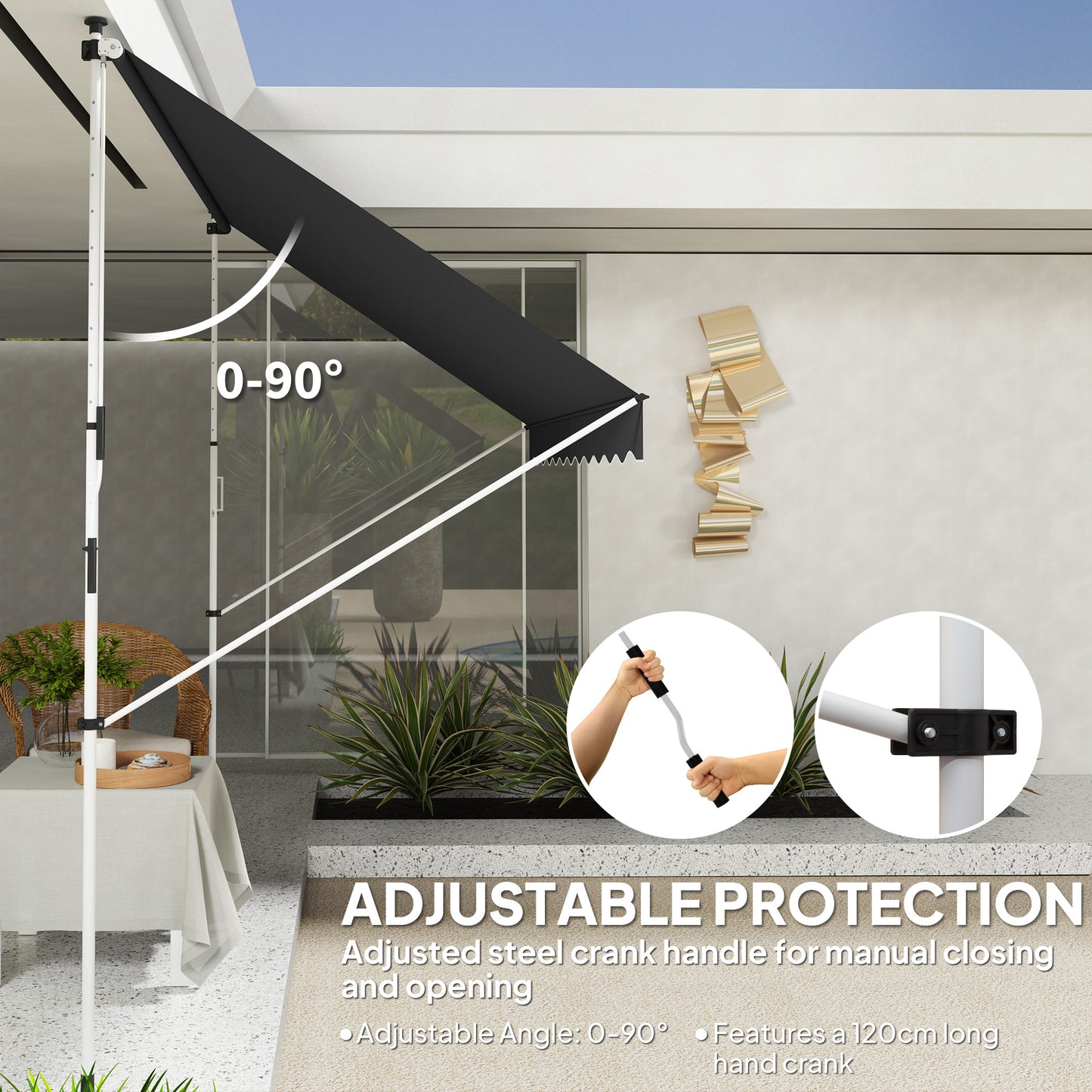 10x5ft Patio Sun Shade Canopy, Manual Retractable Awning with 5.6-9.2ft Support Pole for Window, Door, Porch, Black