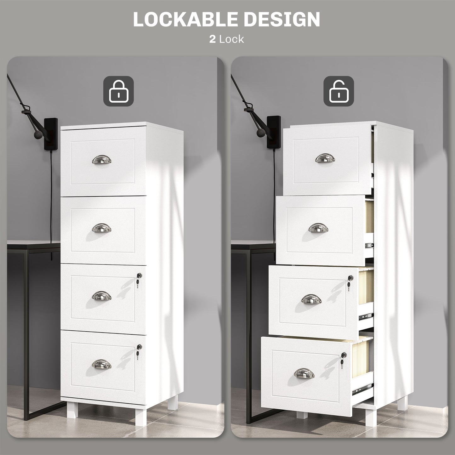 4 Drawer File Cabinet with Lock, Office Filing Cabinet, A4 Letter Size, Hanging File Folders, White