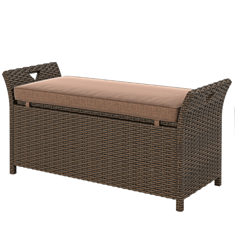 29 Gallon Wicker Storage Bench with Handles and Cushion