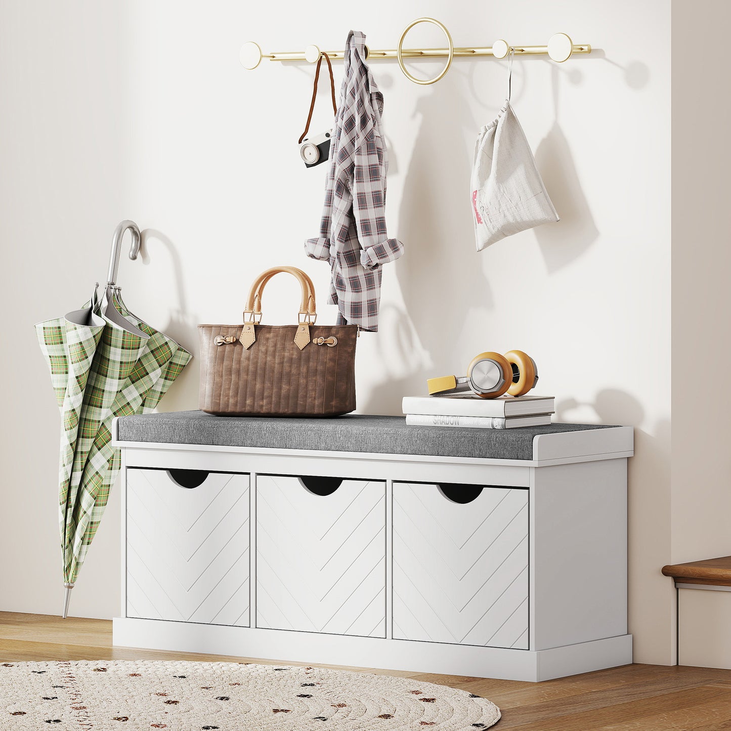 Shoe Storage Bench, Linen-Look Entryway Bench with 3 Removable Drawers and Padded Seat Cushion for Hallway, White
