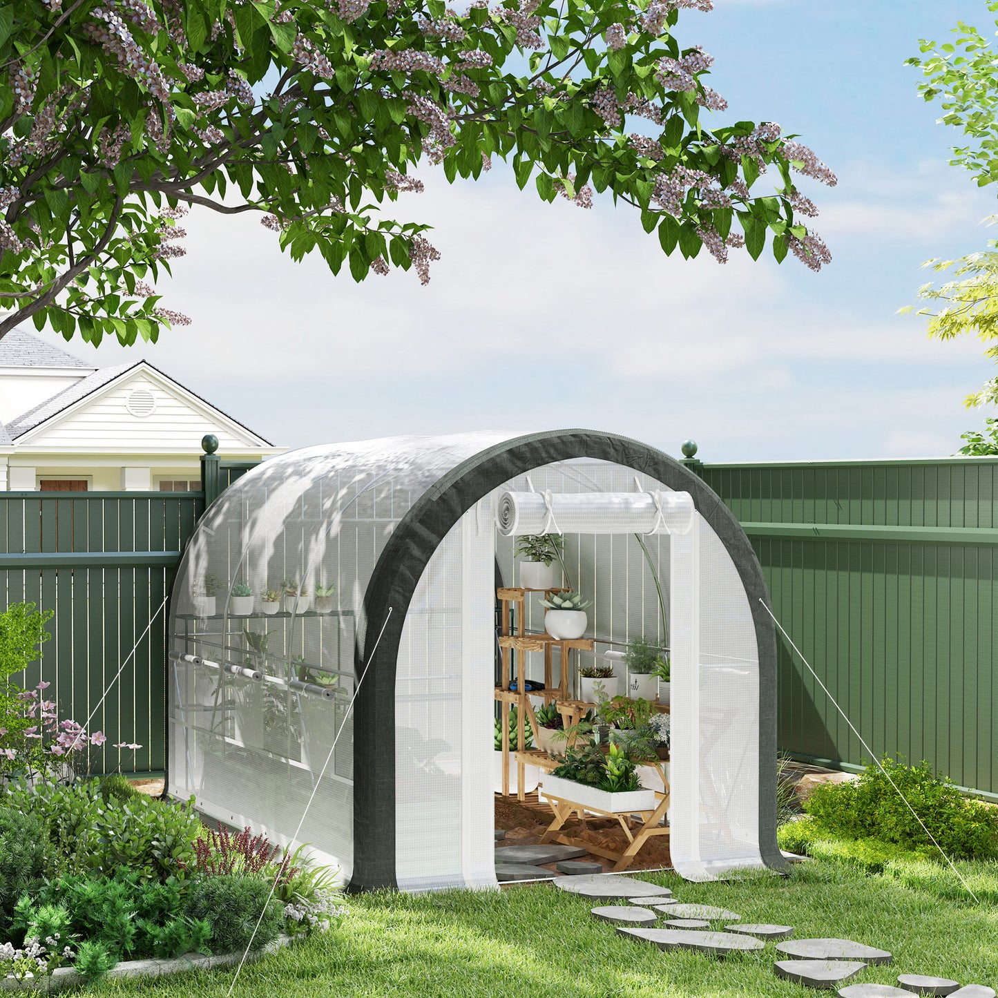Upgraded Tunnel Greenhouse Green House with Mesh Door and Windows, 6 Plant Labels and Gloves, White - 10' x 6.6' x 6.6'