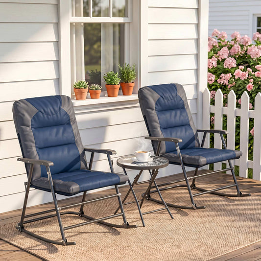 3pc Patio Foldable Rocking Chair Set, Outdoor Rocking Chairs and Table Bistro Set w/ Padded Seat, Headrest, Backrest for park, backyard, garden, Blue