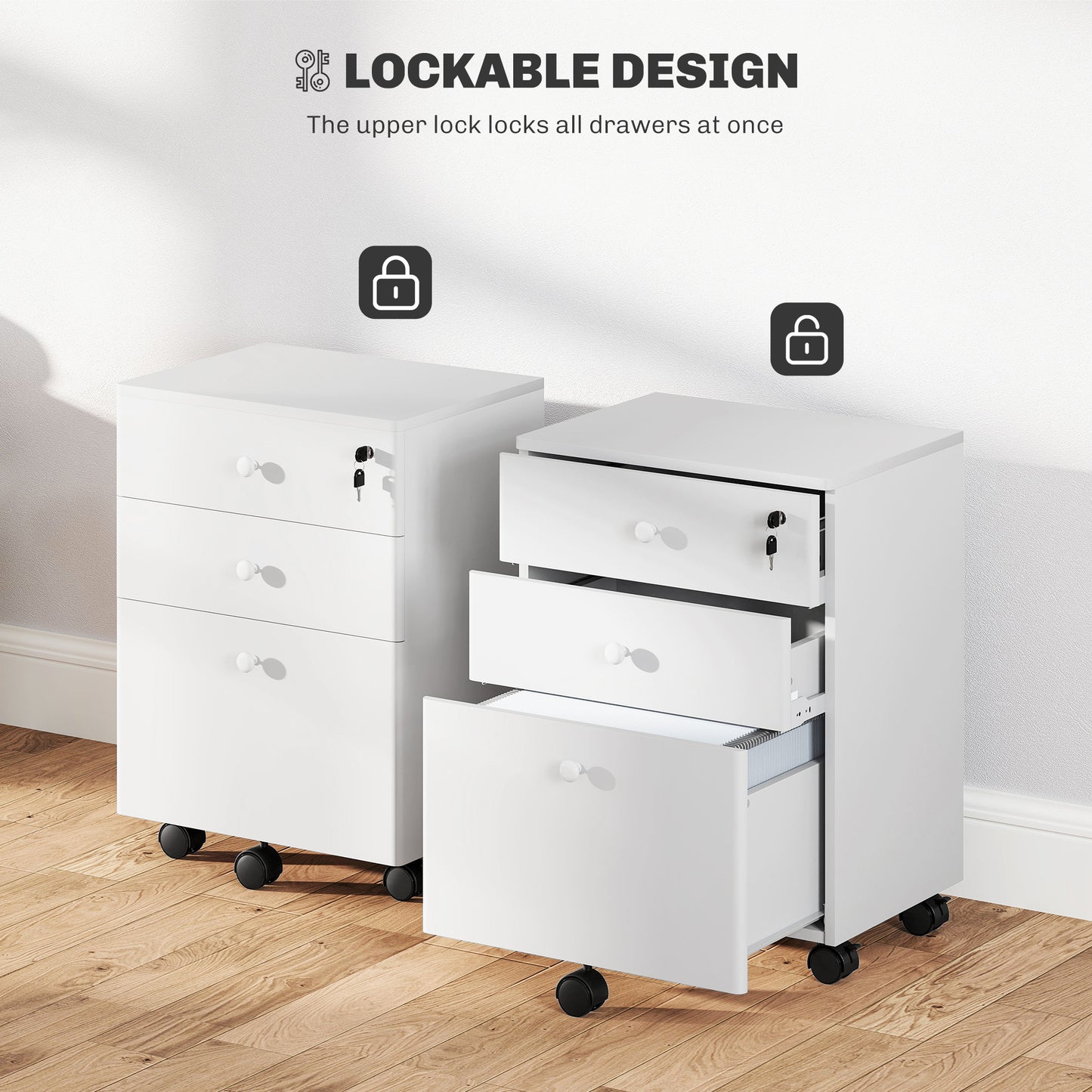 3-Drawer Small Filing Cabinet with Lock, Vertical Office Storage Cabinet with Wheels for Home Office, White