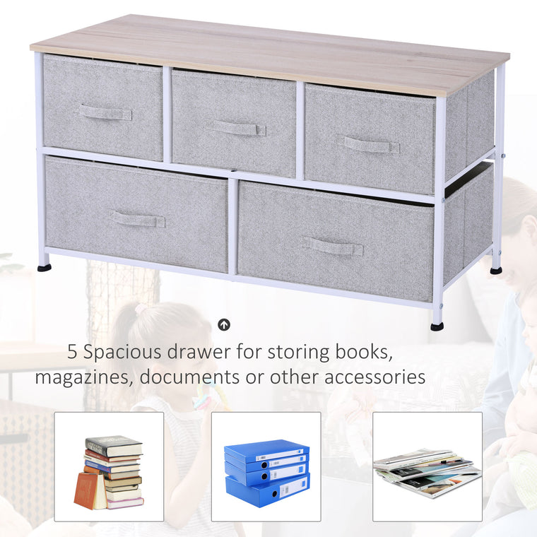 5-Drawer Linen Dresser Tower with Metal Frame - Grey