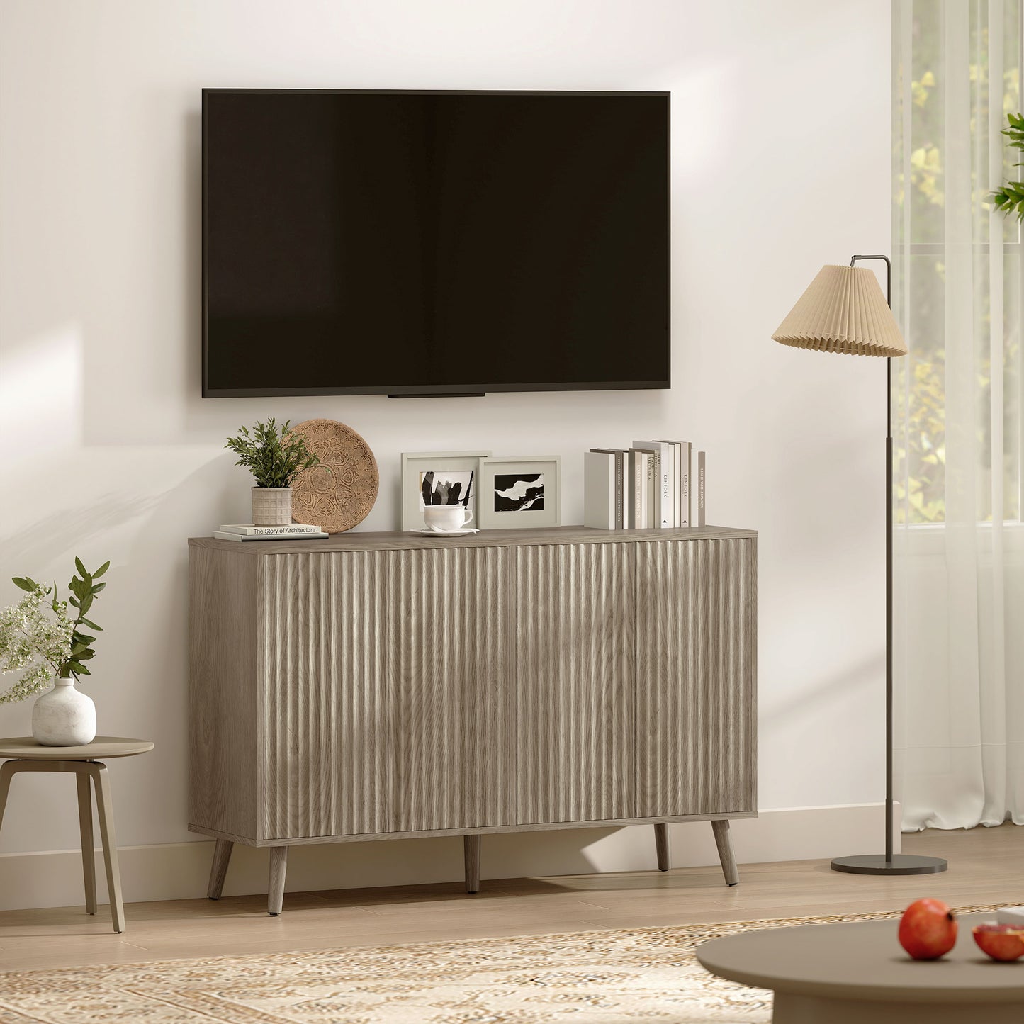 Buffet Cabinet with Storage, Modern Fluted Sideboard with Adjustable Shelves for Dining Room Living Room, Light Grey