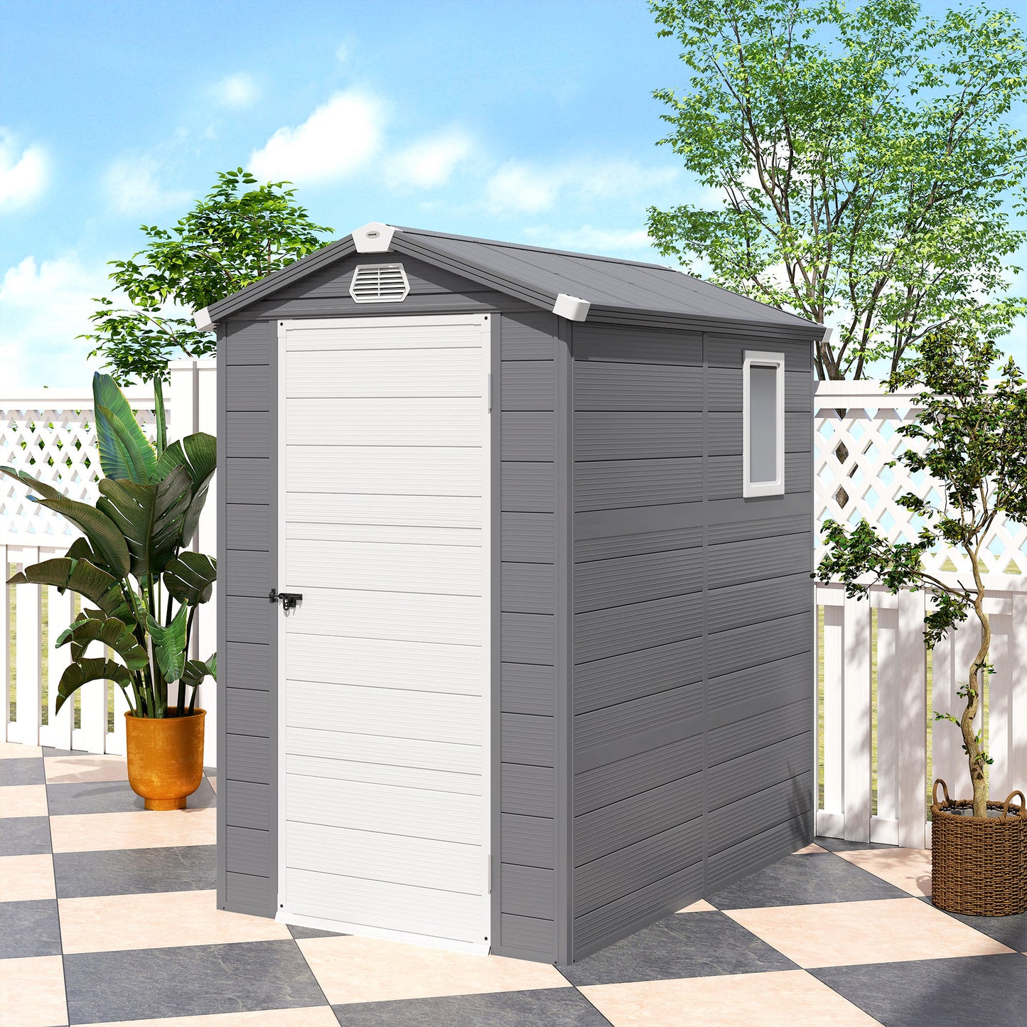 4.5' x 6' Garden Storage Shed with Latch Door, Vents, Sloped Roof, Light Grey