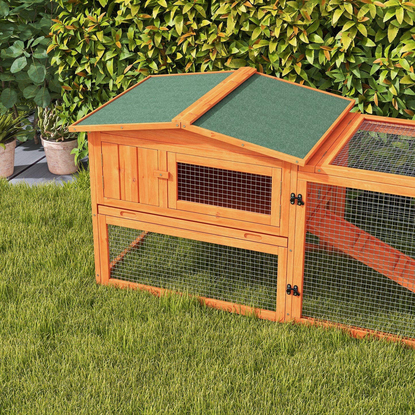 Wooden Rabbit Hutch Guinea Pig House with Removable Tray, Openable Roof, Trough, Run for Tortoises and Ferrets, Orange