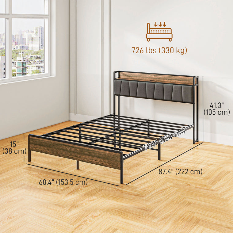 Queen Bed Frame with Charging Station and Storage - Walnut