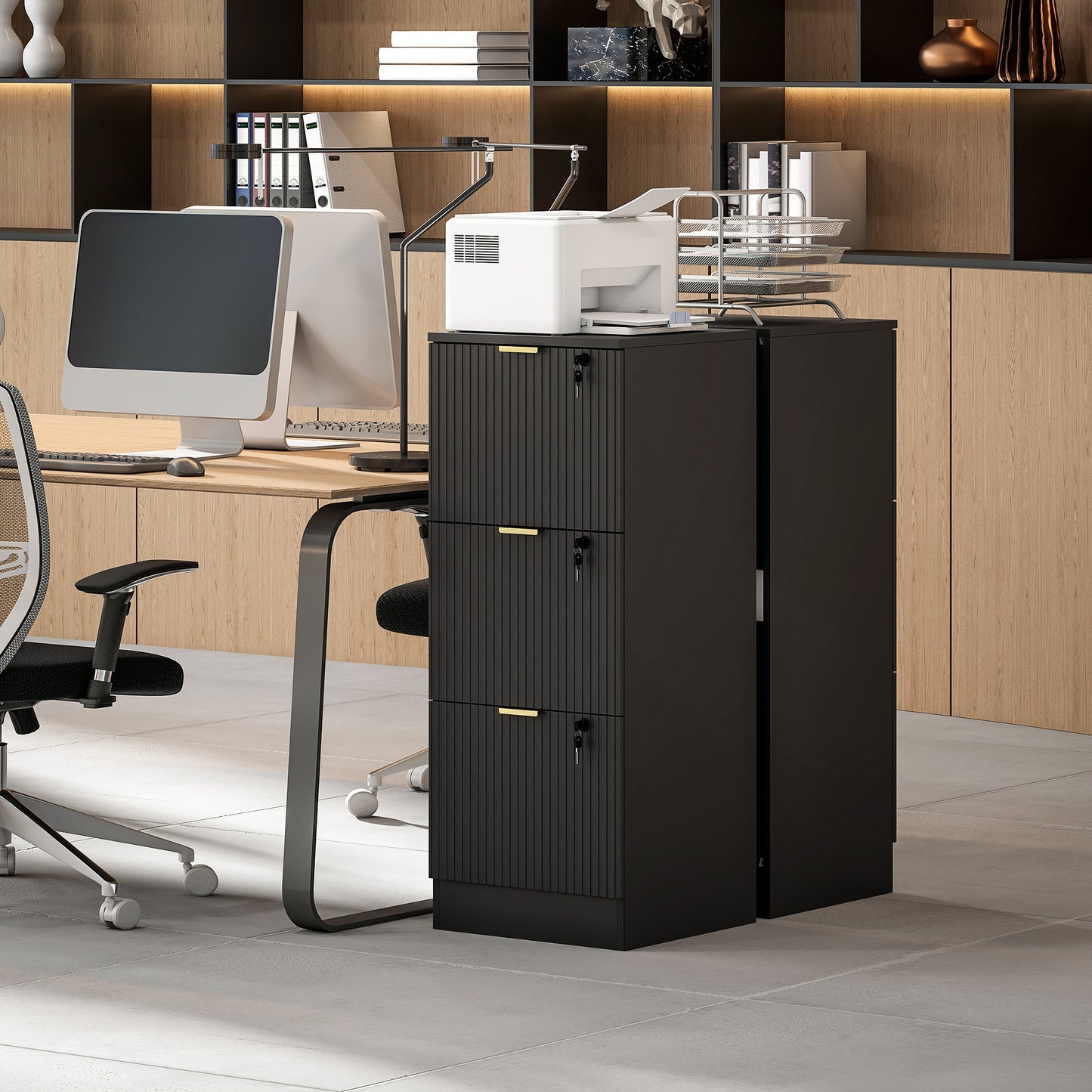 Lockable Filing Cabinet with 3 Fluted Drawers, File Cabinet with Adjustable Hanging Rails for A4 Letter Files, Black