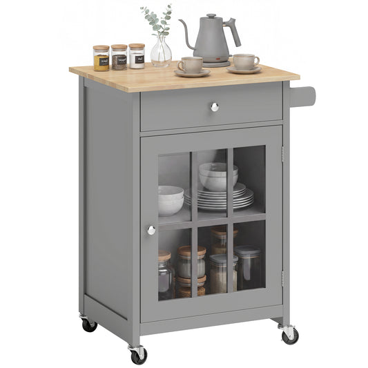 Rolling Kitchen Cart with Drawer and Glass Cabinet - Dark Grey