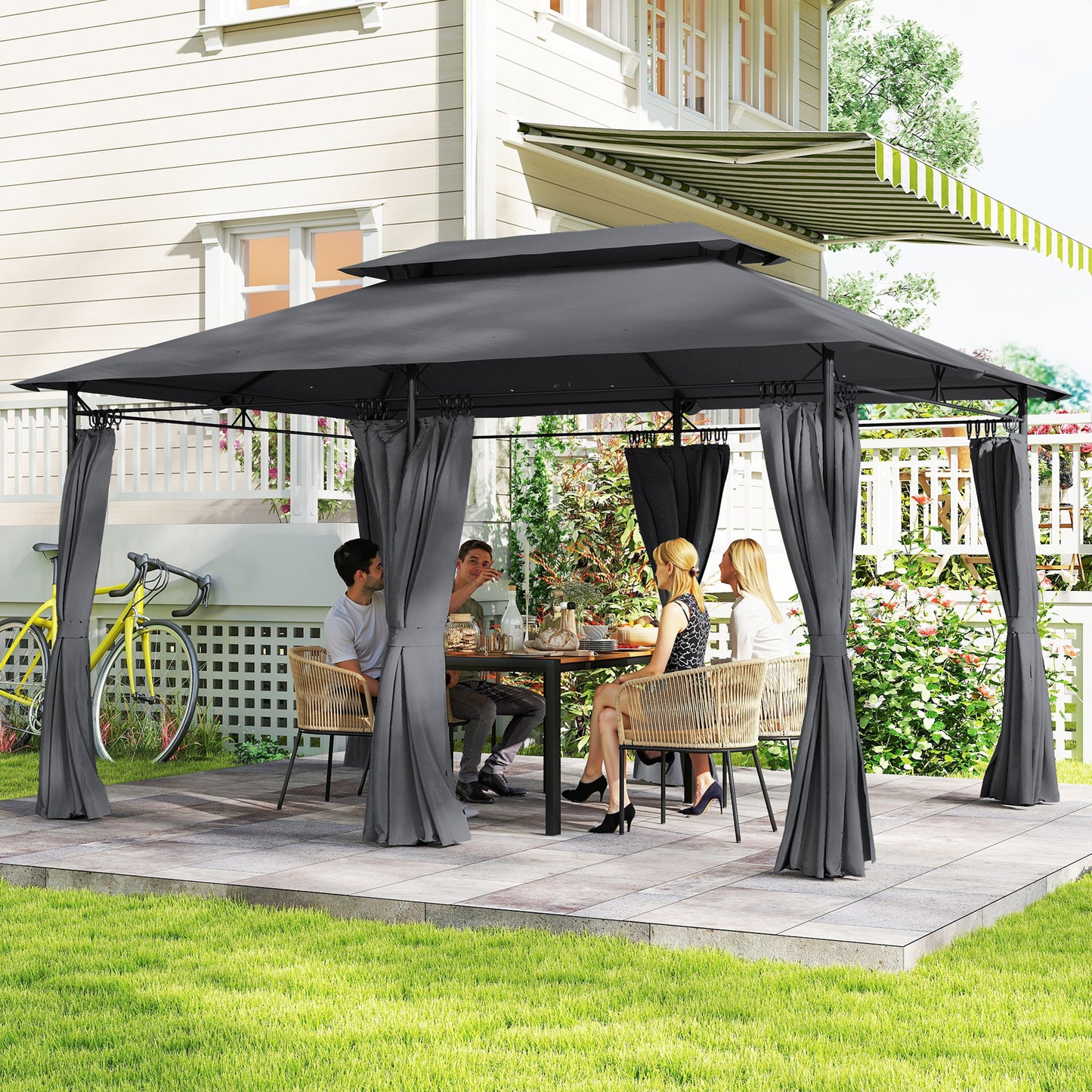 10' x 13' Double Roof Patio Gazebo, Outdoor Gazebo with Curtains, for Garden, Lawn, Backyard and Deck, Grey