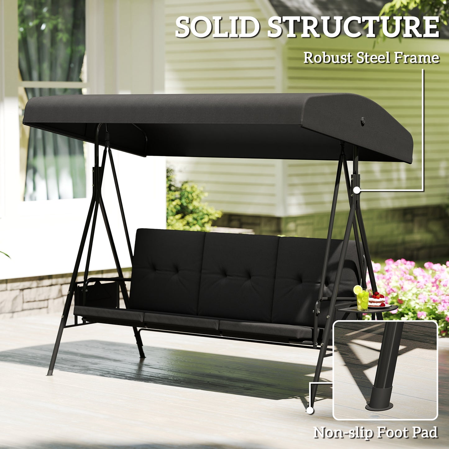 3-Seat Outdoor Porch Swing Patio Swing with Adjustable Canopy, Side Tray, Removable Cushion for Garden, Poolside, Black