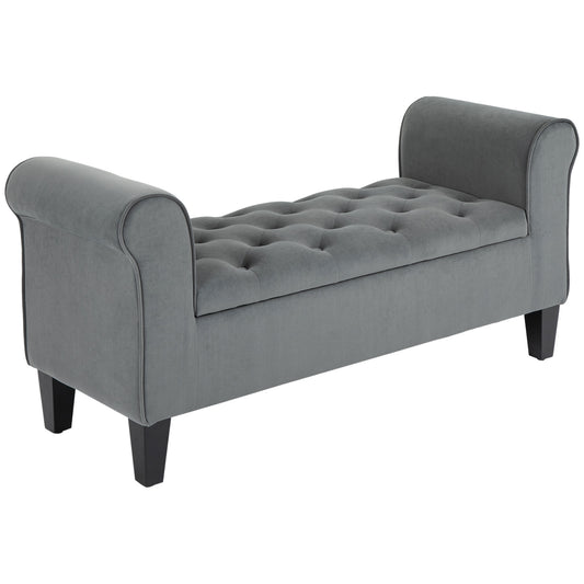 Button-Tufted Storage Bench with Rolled Arms - Grey