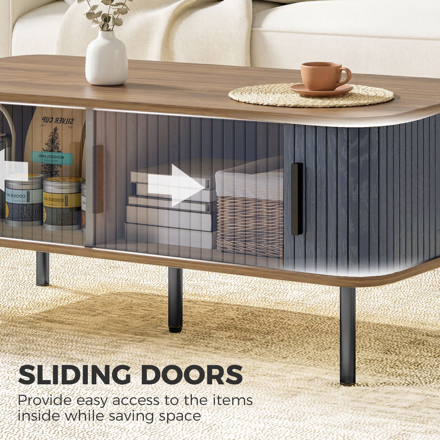 Nordic Side Table with Fluted Tambour Sliding Doors and Steel Legs, Coffee Table with Storage for Living Room, Black