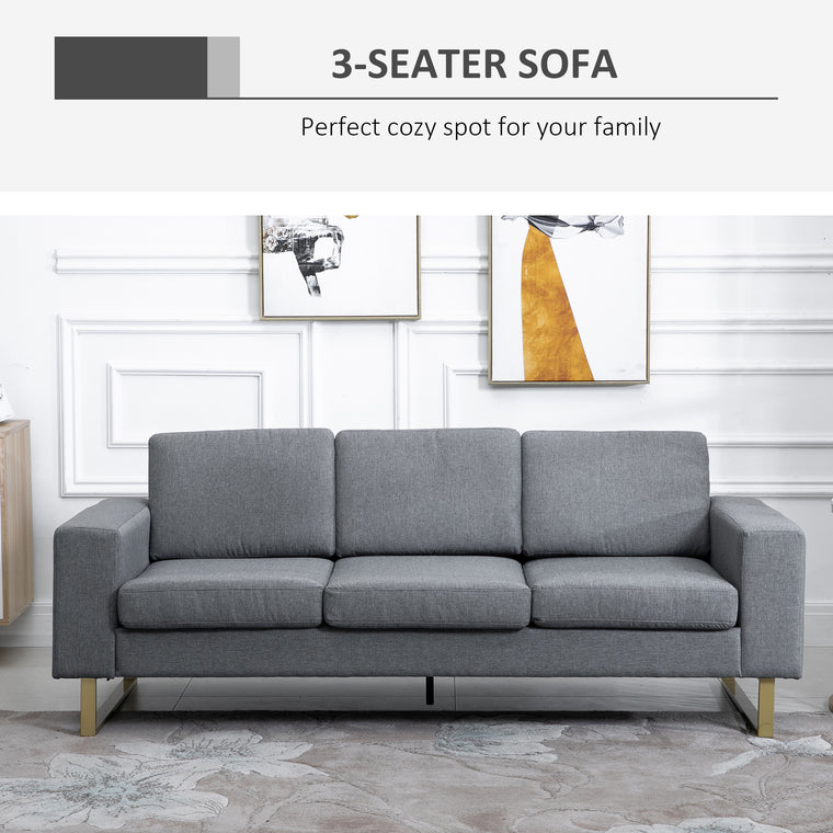 3-Seater Linen Sofa with Steel Legs - Dark Grey