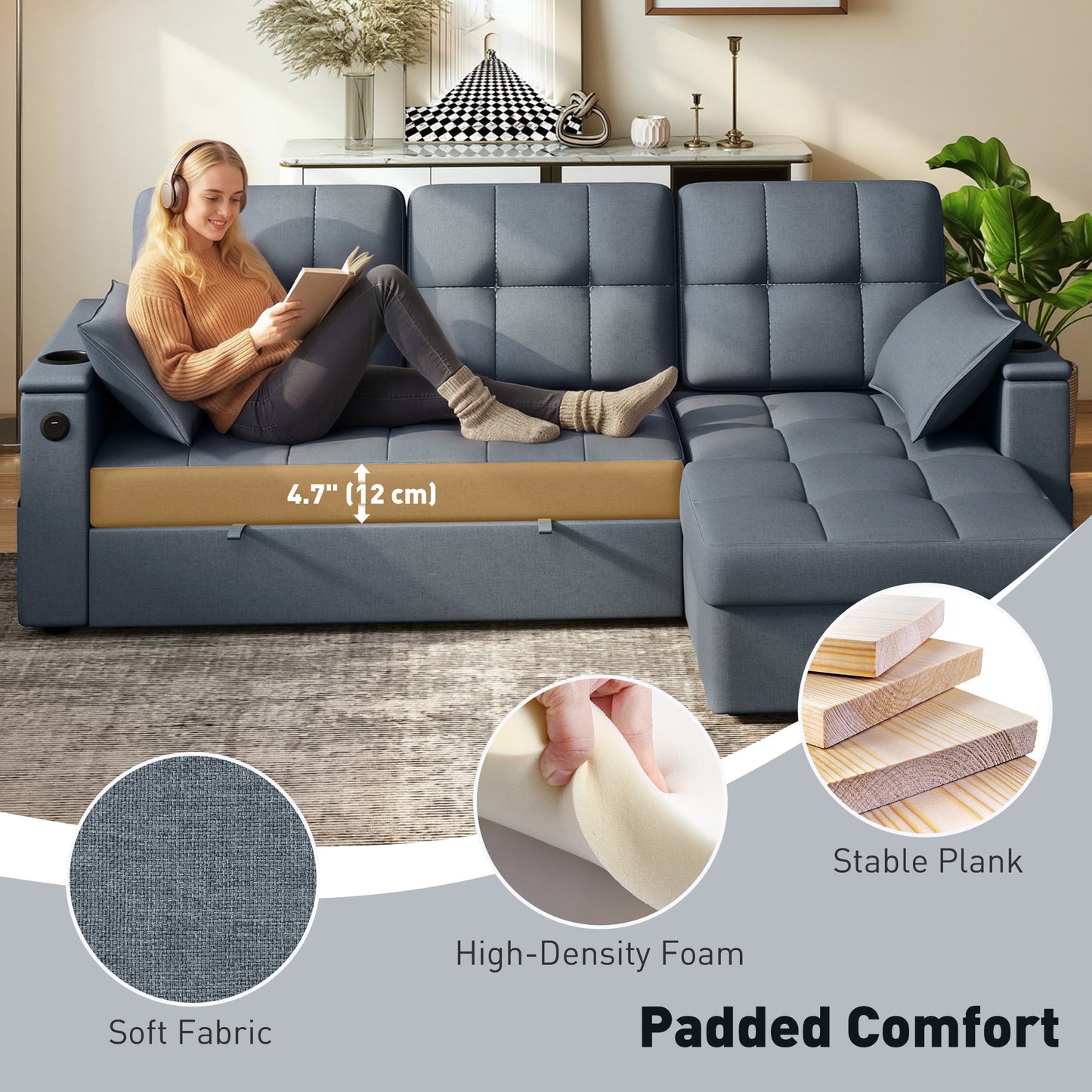 Convertible Sectional Sofa Bed, Pull Out Sleeper Sofa Couch with USB-A+C, Chaise Storage, L-Shaped Futon Couch, Dark Grey