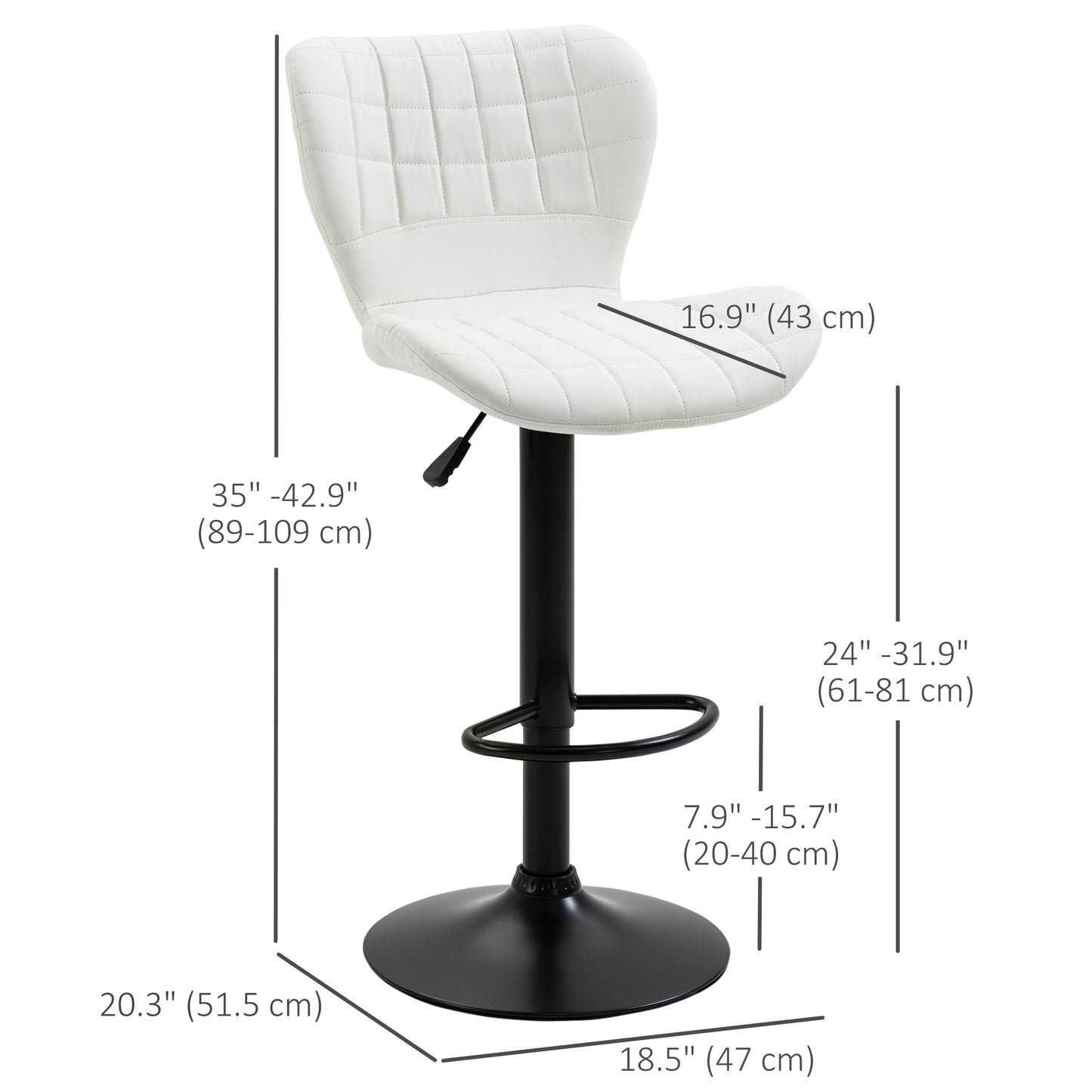 Bar Stools Set of 2 Adjustable Height Swivel Bar Chairs in PU Leather with Backrest & Footrest, White