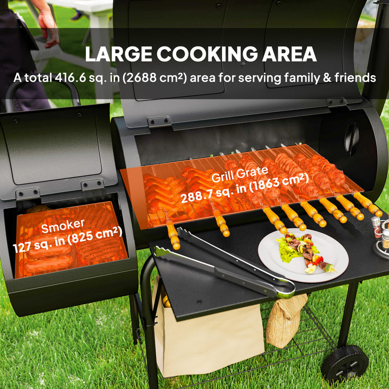 Black Charcoal BBQ Grill with Offset Smoker & 2 Shelves