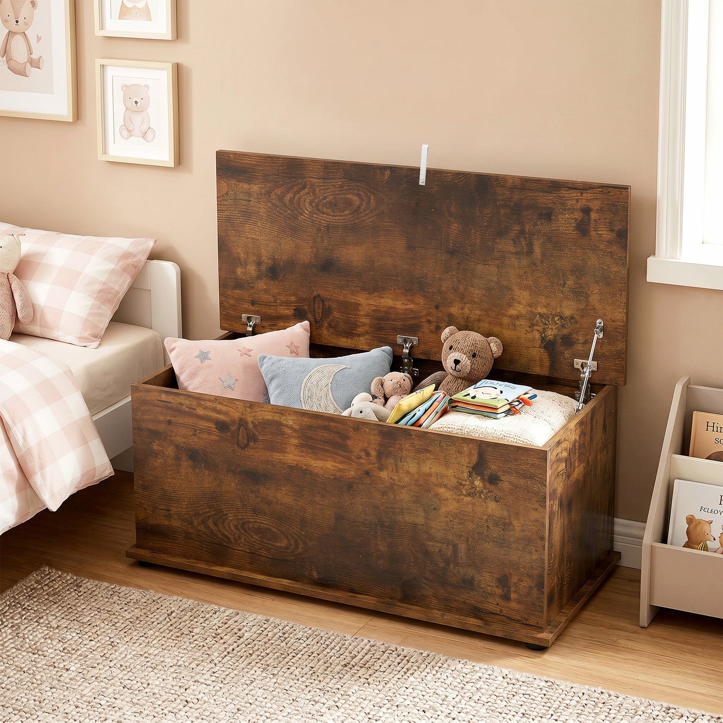 39.5" Storage Chest with 2 Safety Hinges, Storage Box Organizer with Flip-Top Lid, Entryway Storage Bench, Rustic Brown