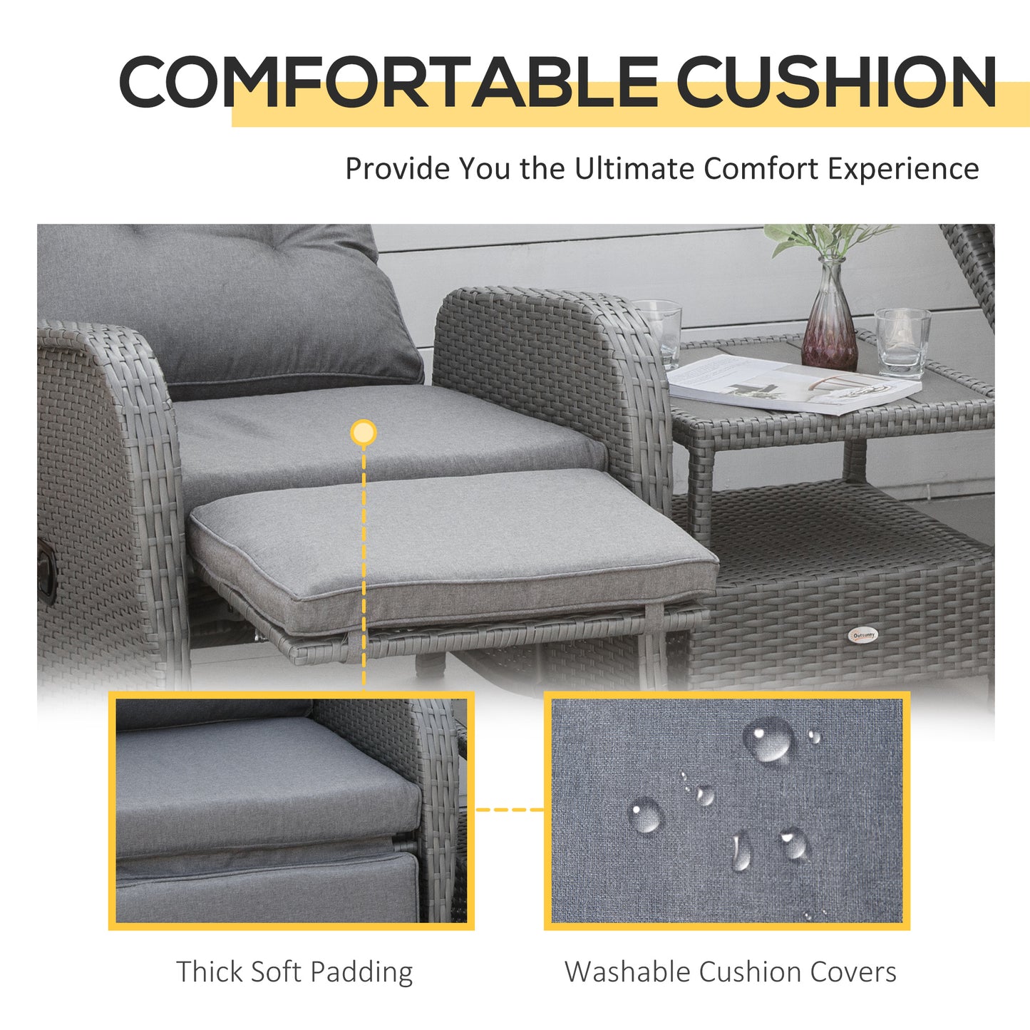 3 Pieces Patio Wicker Bistro Set, PE Rattan Coffee Table & Adjustable Recline Chairs Furniture Set with Cushions and Wood Grain Plastic Top, Grey