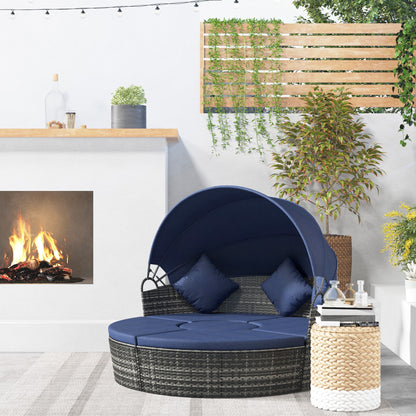 4 Pieces Outdoor Daybed with Retractable Canopy, Wicker Lounger Bed, Conversation Furniture Set, Dark Blue - Dark Blue