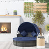 4 Pieces Outdoor Daybed with Retractable Canopy, Wicker Lounger Bed, Conversation Furniture Set, Dark Blue