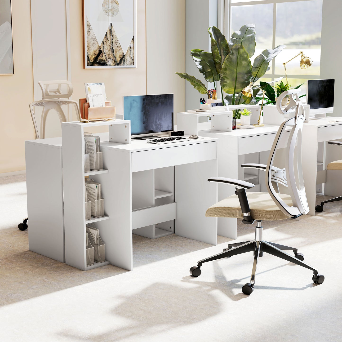 Desk with Storage, Computer Desk with 3 Open Shelves and Drawer White