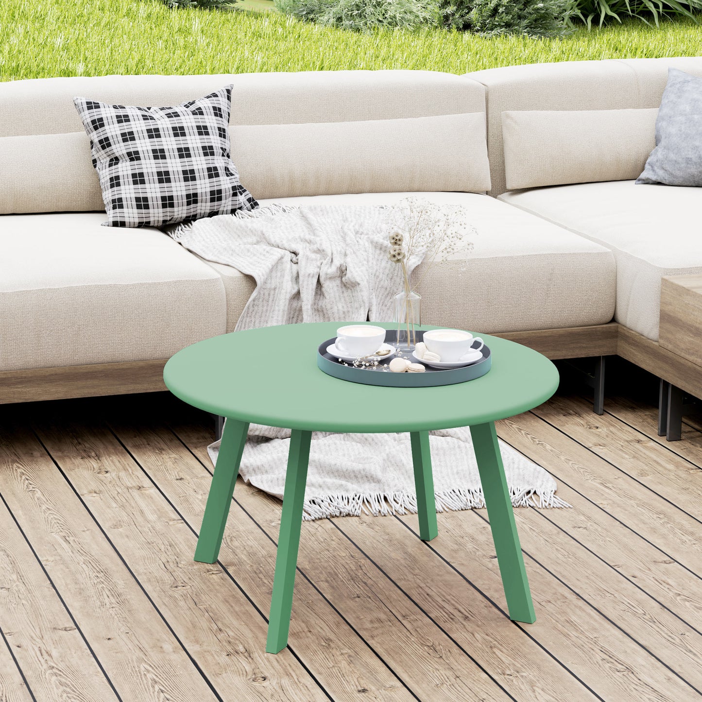 Round Outdoor Side Table, Patio Coffee Table with Metal Frame and Non-Slip Foot Pads, Green