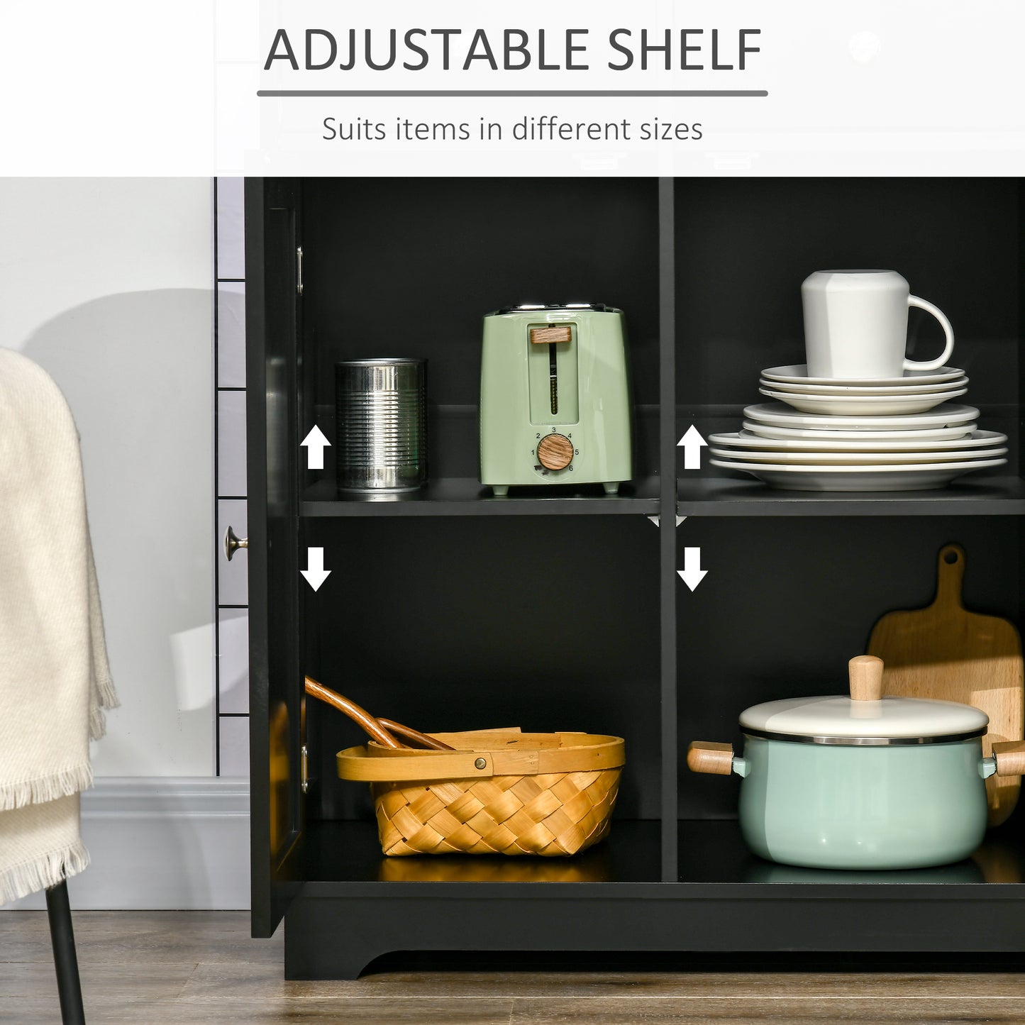 Modern Sideboard, Buffet Cabinet with Storage Cabinets, Drawers and Adjustable Shelves for Living Room, Black