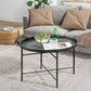 Vintage Coffee Table for Living Room, 24" Round Center Table with Hammered Tray Top and Metal Frame, Pewter