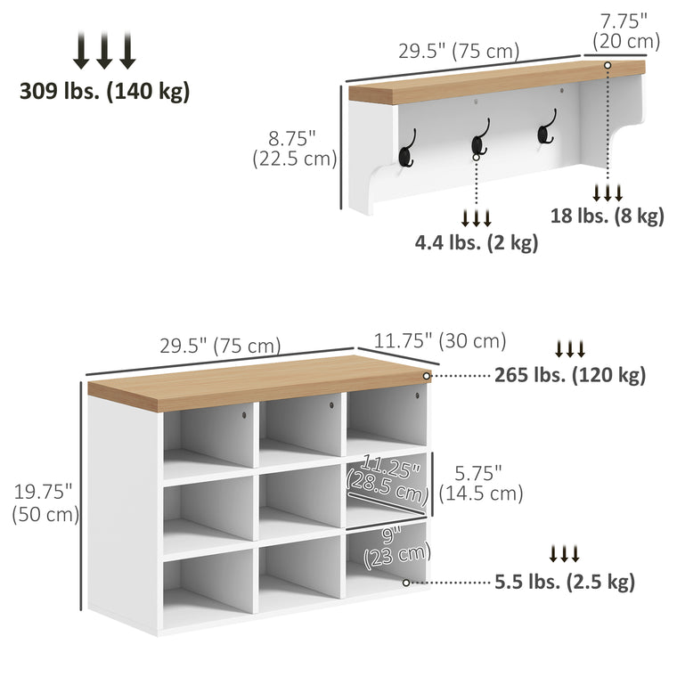 2-in-1 Hall Tree with Shoe Bench and 5 Hooks - White